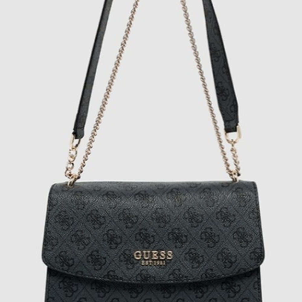 GUESS Black Logo-Print Chain Shoulder Bag